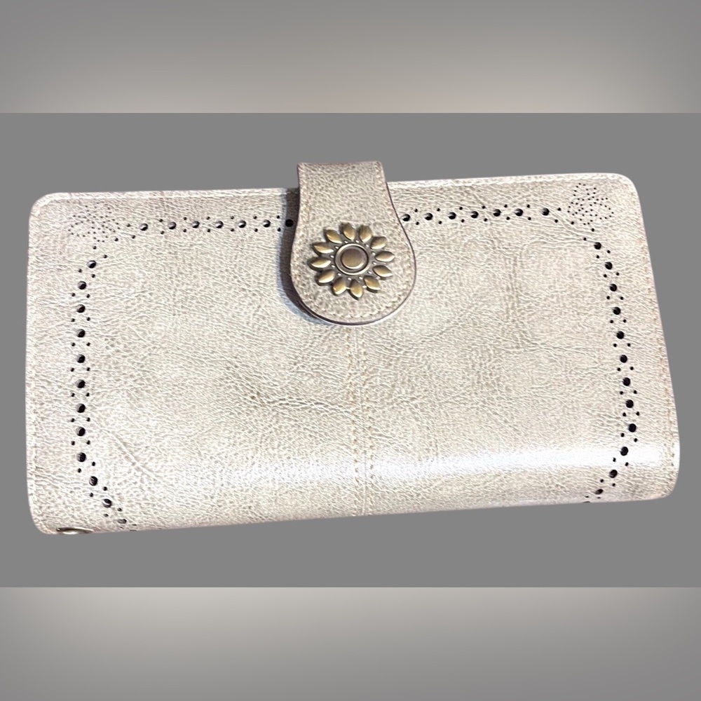 Womens Leather Wallet Clutch Beige Floral Snap Organizer Zip Around Wristlet